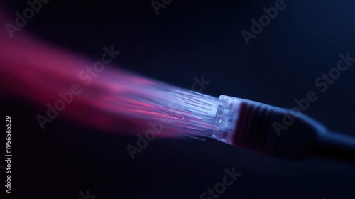 Fiber optic cables glowing with colorful light strands beside RJ45 ethernet network plug, high speed internet technology background, dark tech atmosphere