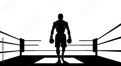 Powerful silhouette of a boxer ready for fight in the ring