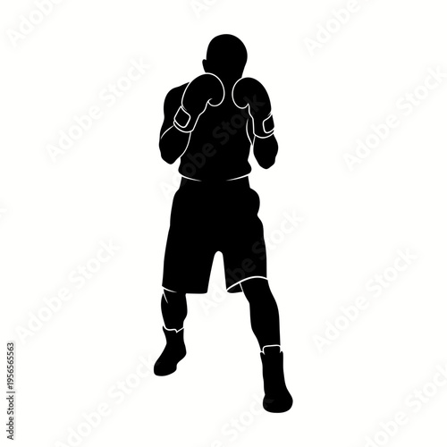 Full body silhouette of boxer in guard position on white background