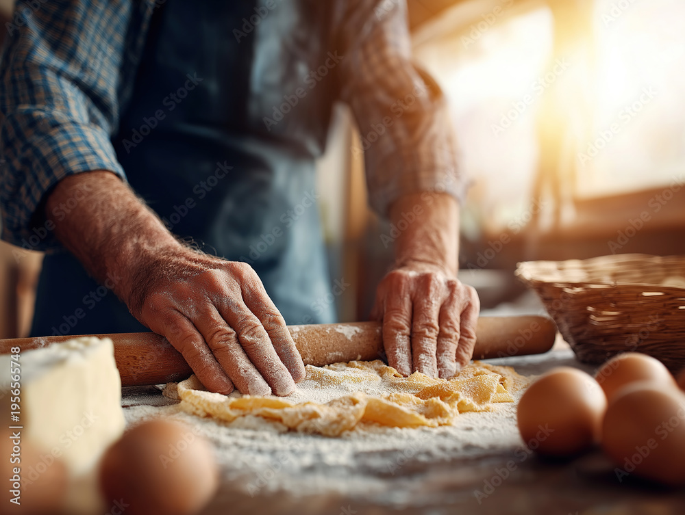 Fototapeta premium An artisan baker’s floury hands use a rolling pin to knead fresh dough on a wooden counter with eggs and sunlight.