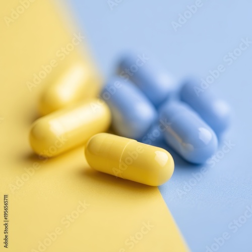 blue capsules facing yellow herbal supplement pills healthcare comparison concept