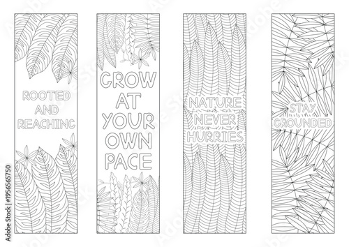 Botanical Coloring Bookmarks Set with Inspirational Quotes. Vector illustration. Strokes expanded.

