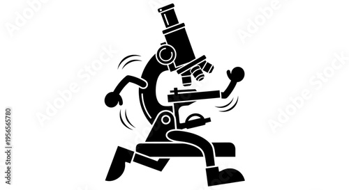 A microscope with legs running quickly across a white surface with motion lines