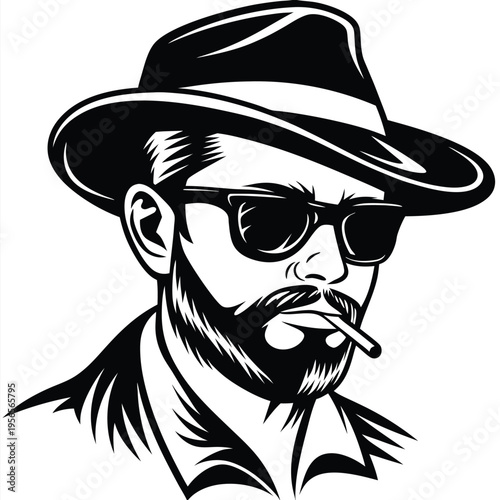Bearded man with sunglasses and fedora smokes in monochrome design