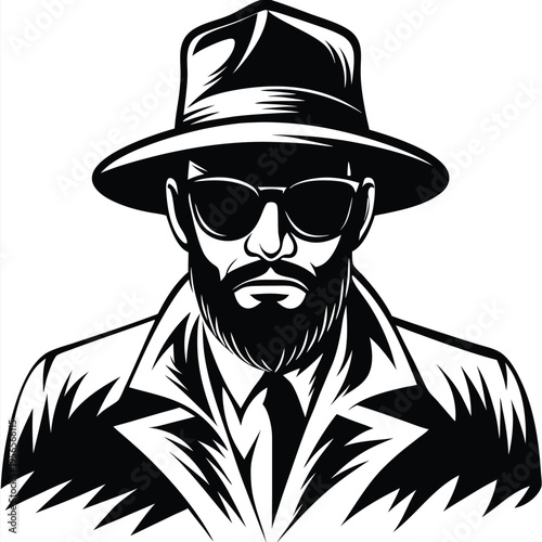 Bearded man with sunglasses and hat wears jacket in a black and white vector