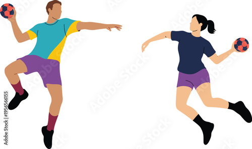 Flat vector illustration of a man and woman playing handball jumping to throw the ball isolated on white background for sports competition concepts