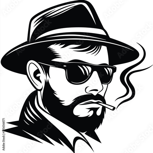 Bearded man with sunglasses and fedora smokes, creating a noir style profile portrait