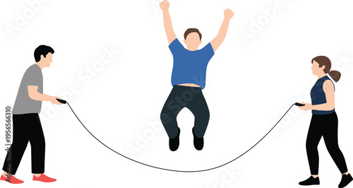 Flat vector illustration of a diverse group of people playing double dutch jump rope for fitness exercise and outdoor recreation isolated on white background