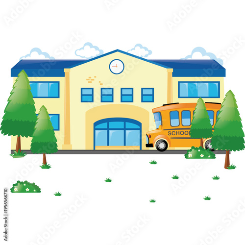 A cheerful cartoon illustration of a school building with a yellow school bus parked outside, surrounded by green trees and bushes under a cloudy sky