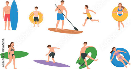 Flat vector illustration of diverse people enjoying summer water sports including surfing paddleboarding and swimming with inflatable rings isolated on white background for vacation concepts