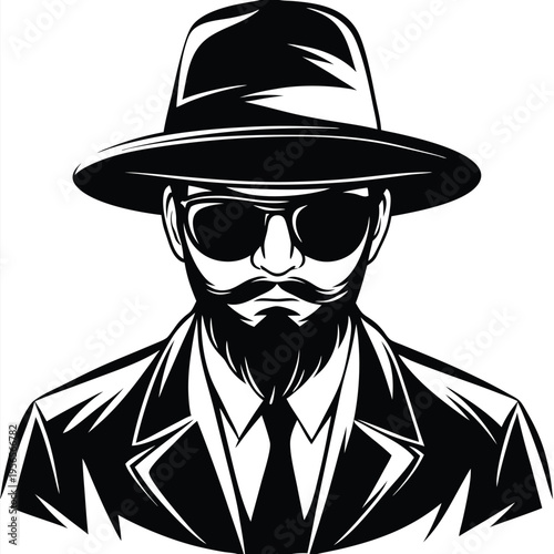 Bearded man with sunglasses, hat, suit and tie is displayed in black and white