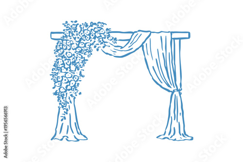Hand drawn wedding element elegant wedding arch with floral arrangement and drapes in blue line art