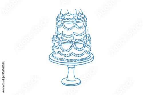 Hand drawn wedding element a blue line drawing of a multi tiered cake on a pedestal stand