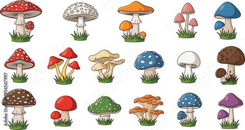 Colorful mushroom illustration collection, forest fungi vector set, cartoon toadstool icons, nature botanical elements, wild mushrooms clipart pack