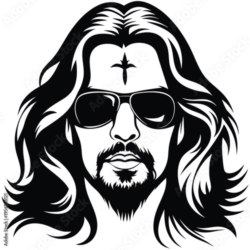 Black and white depicts a handsome man wearing sunglasses with long flowing hair