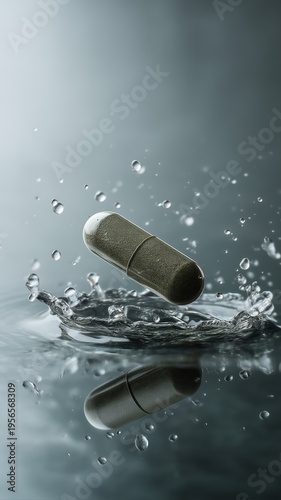 Sleek green tea supplement capsule splashing in water, highlighting purity, vitality, and modern wellness in a clean, minimal style