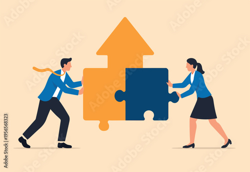 Merger and Acquisitions, partnership or work together, success puzzle, growth solution or cooperation, support or progress challenge concept, business people push arrow jigsaw to join to success
