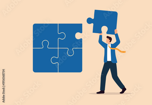 Solve puzzle problem, think of solution, finish or accomplishment, creativity idea or challenge, connect jigsaw piece to resolve work or business trouble, complete jigsaw puzzle.