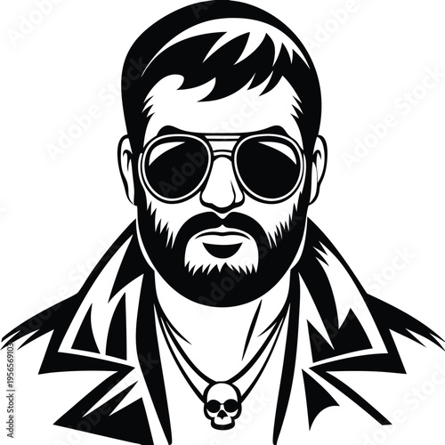 Black and white shows a cool bearded man wearing sunglasses and jacket