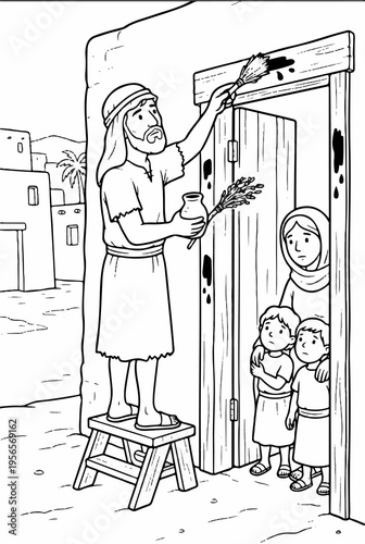 Israelite marking doorposts with lamb’s blood coloring page, Passover story, cartoon style, black-and-white line art, A4 portrait, educational illustration for kids