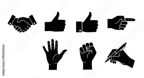 Assorted black silhouette hand gestures including handshake, thumbs up, open palm, fist, and writing with a pen, isolated white background.
