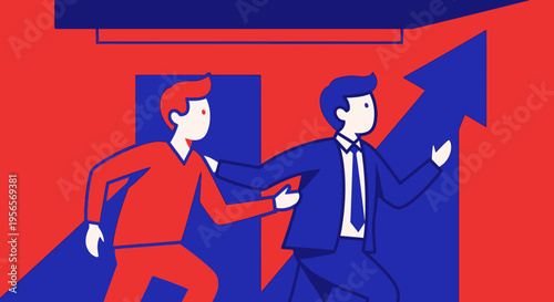 Two determined businessmen running uphill towards a large upward arrow, symbolizing ambition and business growth, in a dynamic office setting.