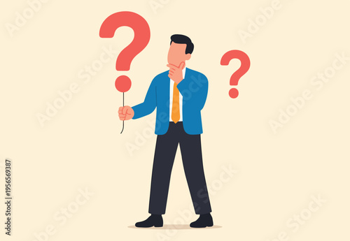 Question marks, finding solution or search for answer, solving problem or curiosity, questionnaire, FAQ or uncertainty concept, doubtful businessman holding question marks balloon look for solutions.