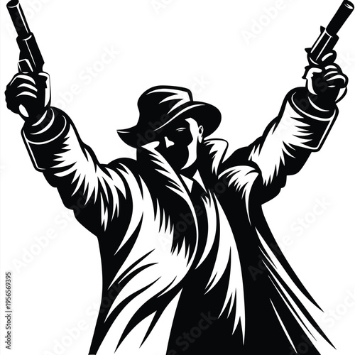 Black clad gangster brandishes revolvers with arms upraised in silhouette for art