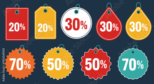 Set of colorful round and tag-shaped sale and discount badges with percentages on a dark blue background.