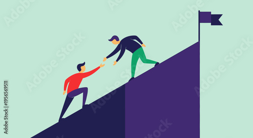 A successful businessman and businesswoman achieve a concept of growth by running up a vector silhouette of stairs and ladders toward the sky