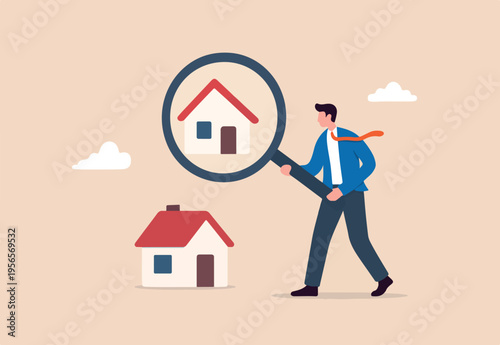 Searching for new house, look for real estate and accommodation valuation or new rent and mortgage concept, smart businessman using magnifying glass zooming to see house or residential details