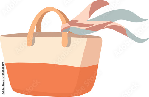 Minimal flat vector beach bag with decorative scarf, isolated design element in soft pastel tones. Perfect for summer, travel, lifestyle and branding projects.