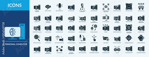 AI Personal Computer icon set vector illustration. Containing icon of machine learning, speech recognition, data analytics and more. Glyph Solid icon symbol collection