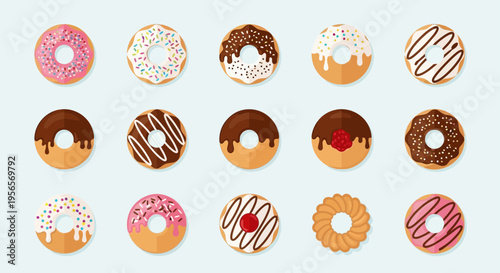 Set of Delicious Glazed Donuts with Various Toppings