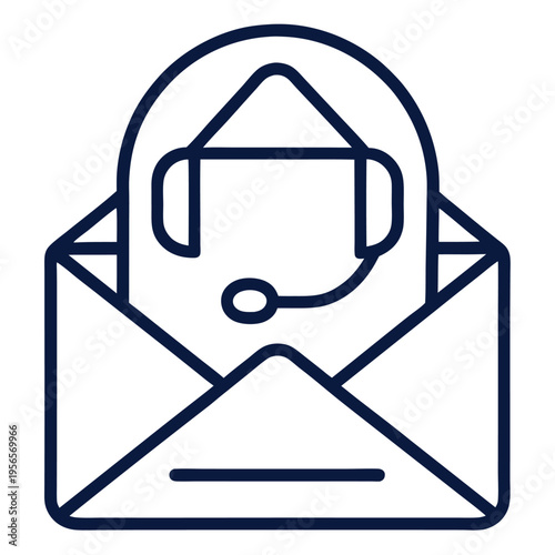 Blue line drawing shows headset emerging from an opened envelope icon against a white backdrop