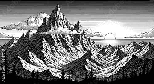 Black and White Mountain Landscape Illustration with Sunrise