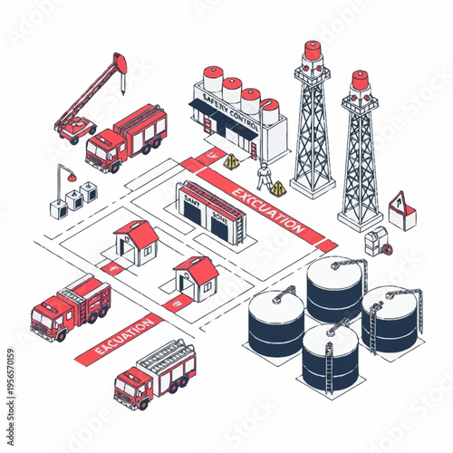 Industrial Complex with Emergency Services and Evacuation Route.