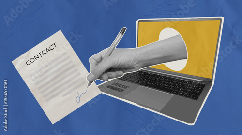 Collage-style banner template with digital electronic signature. Cutout halftone design of hand from laptop signing business contract or document on laptop screen. Vector illustration in mixed media.
