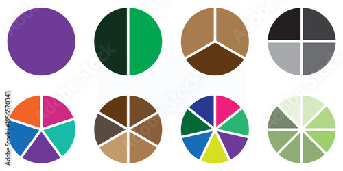 Pie charts diagram set. Circle pie charts 1,2,3,4,5,6,7,8,9,10,11,12 sections. Wheel round segment infographic part. Circle section graph. Pie charts diagrams