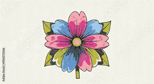 A vibrant traditional tattoo style illustration of a multi-colored flower with green leaf accents