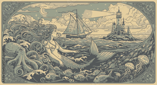 Vintage Mermaid Illustration with Octopus and Lighthouse at Sea