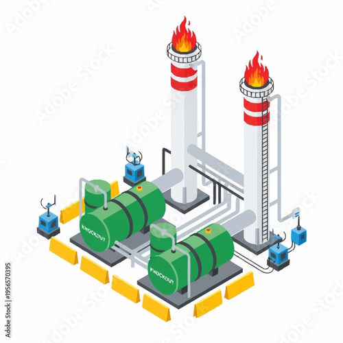 Industrial Power Plant with Turbines and Smokestacks.