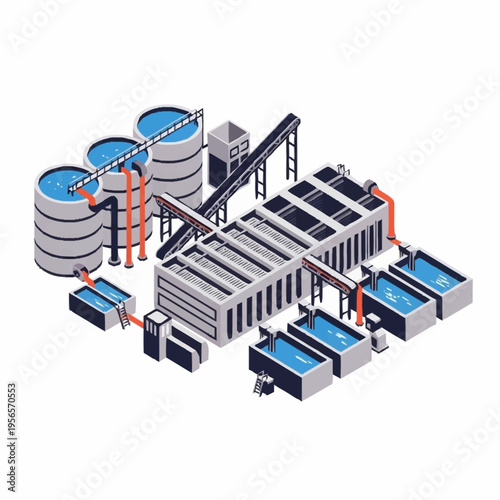 Industrial Water Treatment Plant Facility Isometric Illustration.