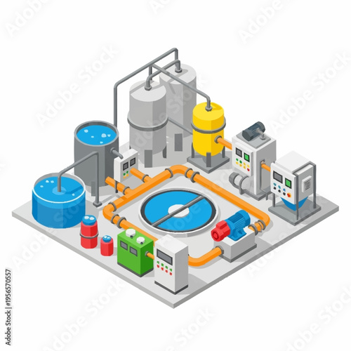 Industrial Water Treatment Plant Isometric Illustration.