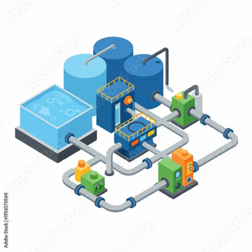 Industrial Water Treatment Plant System Illustration.