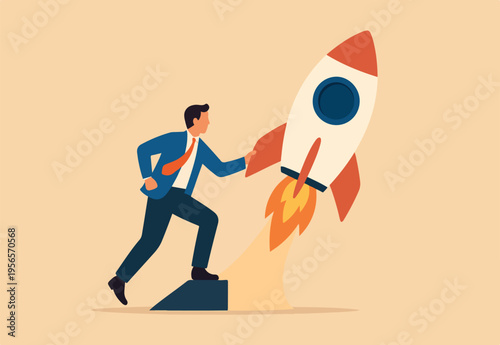 Solopreneur solo entrepreneur, working alone or startup business owner, founder or entrepreneurship, independent developer, freelancer concept, businessman entrepreneur launching company rocket alone