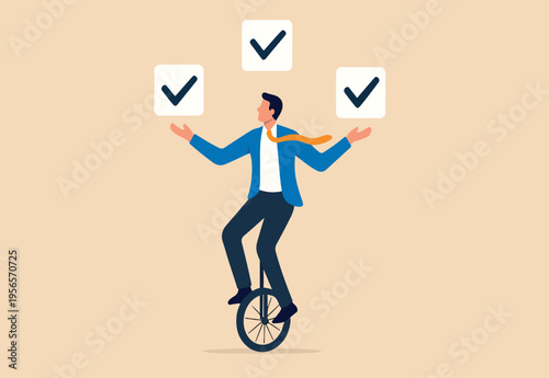 Todo list professional, business or work accomplishment, project management to track completed tasks or checklist to check for completion concept, businessman juggling checkbox on unicycle