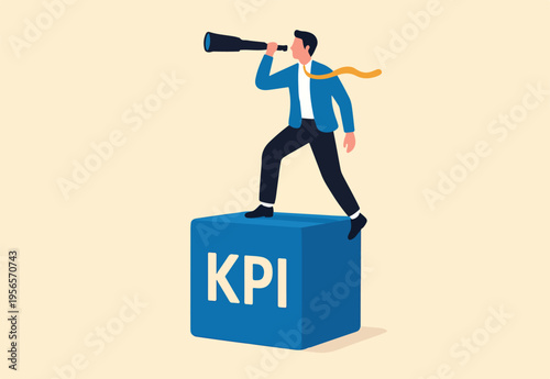 KPI, key performance indicator measurement to evaluate success or meet target, metric or data to review and improve business concept, businessman standing on top of KPI box measuring performance
