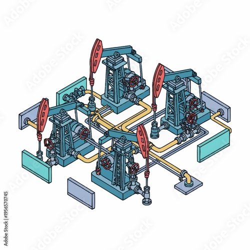Multiple Oil Pump Jacks Working Together in Industrial Setting.