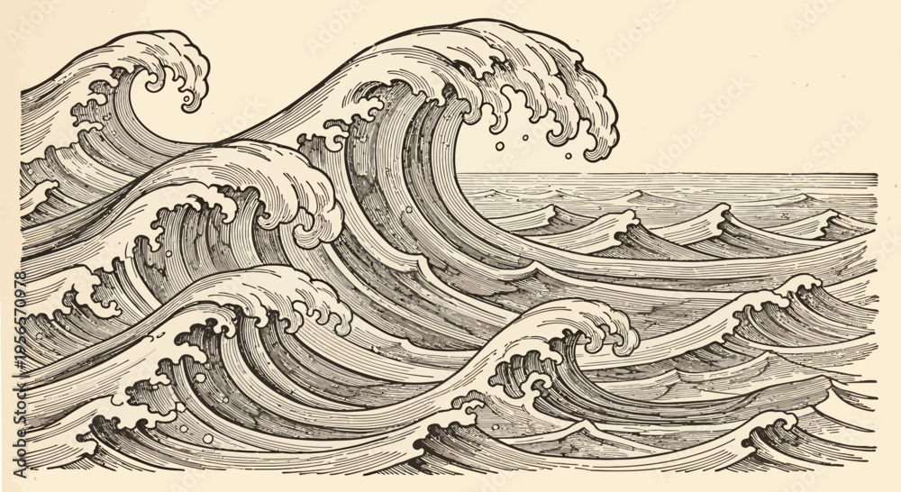 Fototapeta premium Vintage Ink Illustration of Raging Ocean Waves